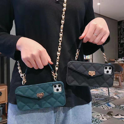 Luxury women's mobile phone case with inclined chain lanyard in stylish protective design
