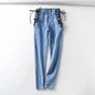 Backupsmyfilesnow® chic high waist denim jeans with classic blue wash, front pockets, and belt loops, styled for a modern look.
