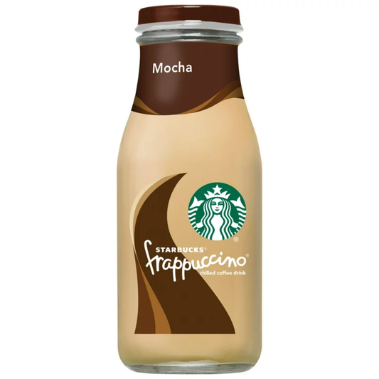 Starbucks Frappuccino Mocha chilled coffee drink in a 9.5 fl oz bottle, featuring a creamy mocha beverage with whipped topping