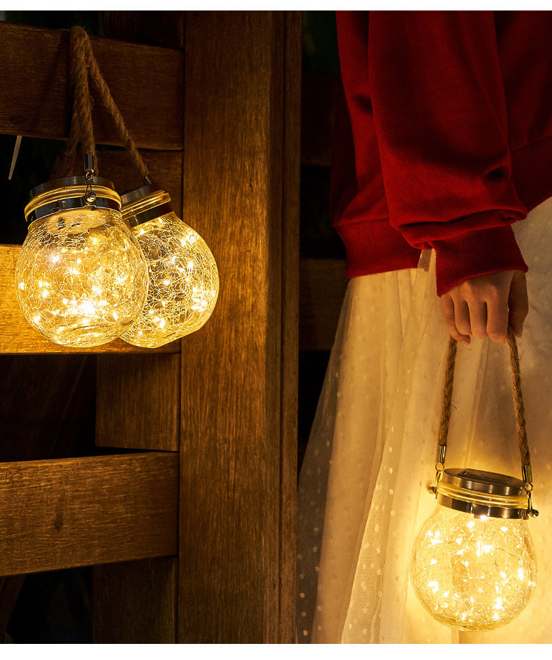 Crack ball glass jar light with textured glass globe and warm LED glow