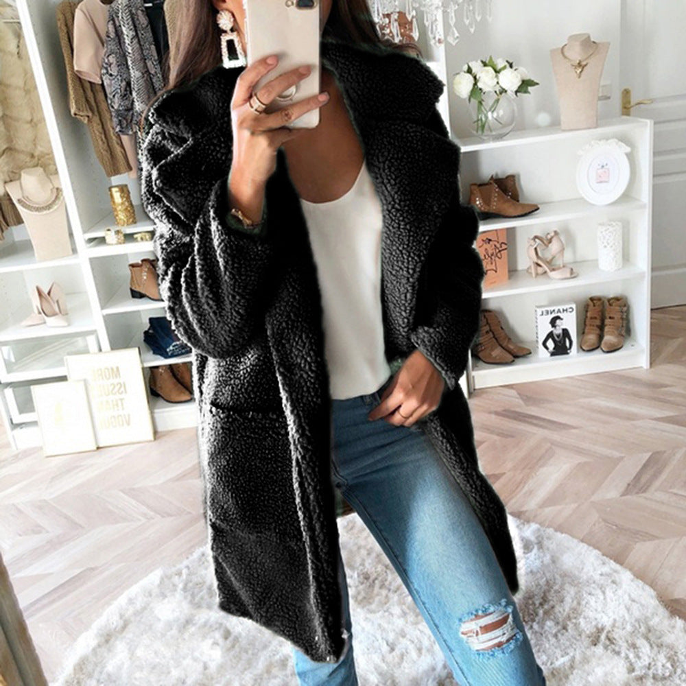 Long faux fur coat with suit collar for women in a casual style