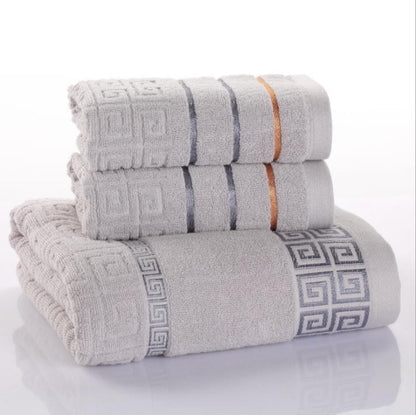 Three-piece cotton towel set by My Store, showing three soft towels in assorted sizes