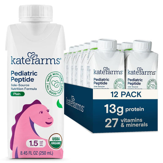 Kate Farms Pediatric Peptide 1.5 plant-based nutrition formula bottles in plain and vanilla flavors, 8.45 fl oz, pack of 12