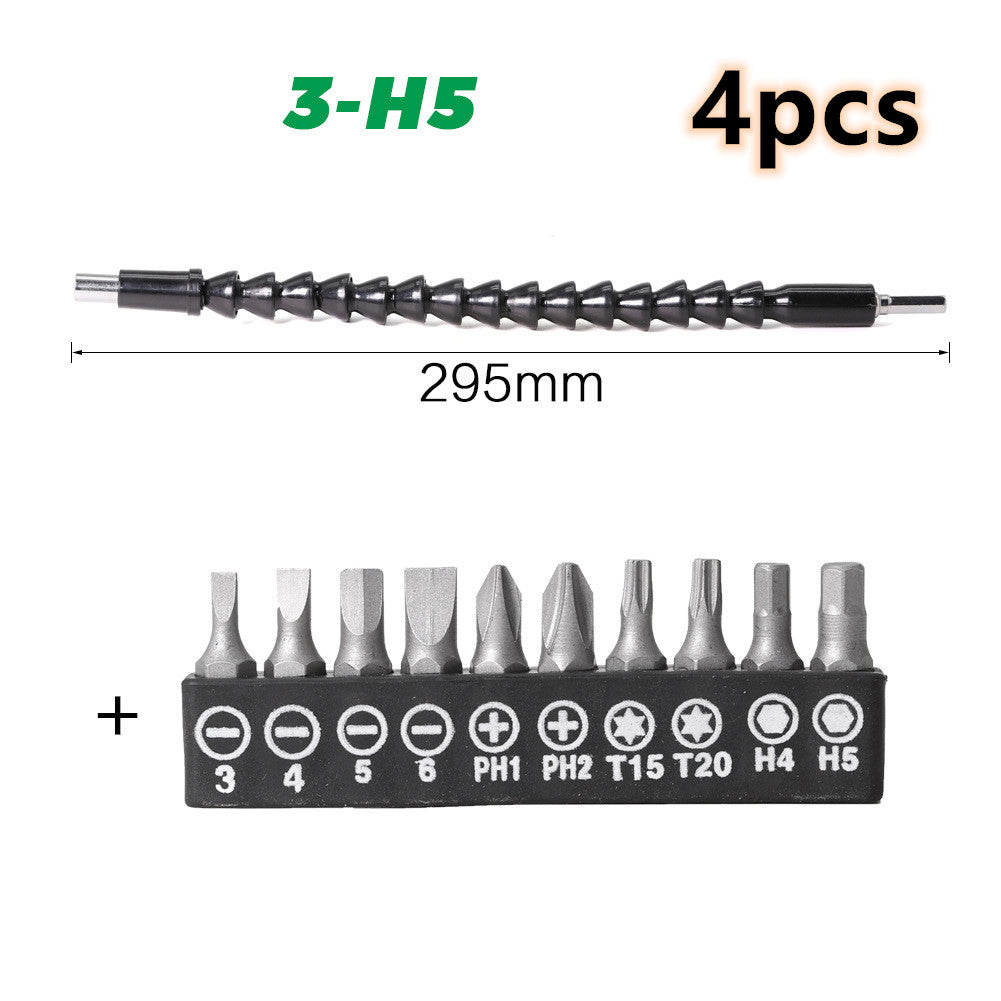 Flexible shaft drill bit holder for hand or power drill, adjustable metal shaft and chuck attachment