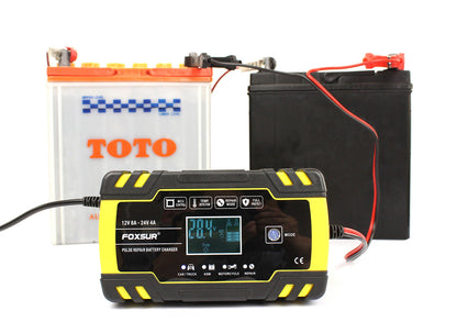 Motorcycle car battery charger with compact black design for charging vehicle batteries
