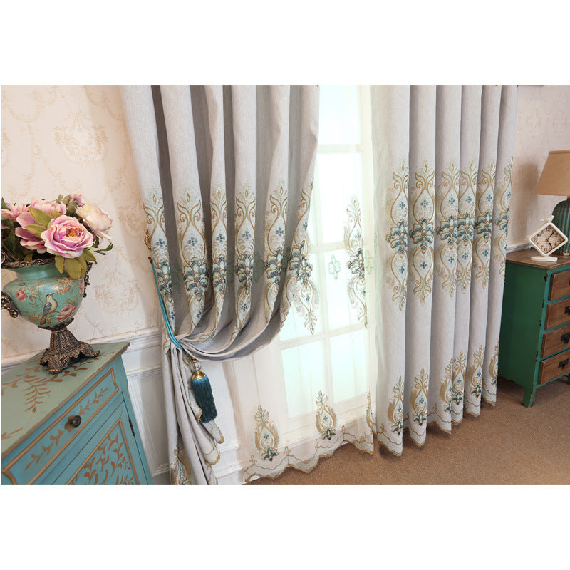 Slub cotton embroidered curtain fabric with textured weave and decorative stitching