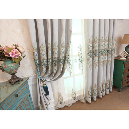 Slub cotton embroidered curtain fabric with textured weave and decorative stitching