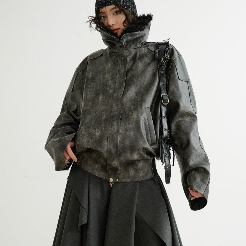 Smoky-blend PU faux leather turtleneck jacket by My Store