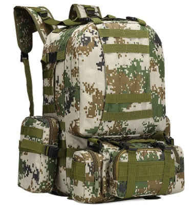 Camouflage tactical hiking backpack with adjustable straps and multiple utility pockets outdoors
