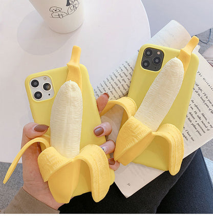 Banana silicone phone case with zipper design, yellow fruit shape.