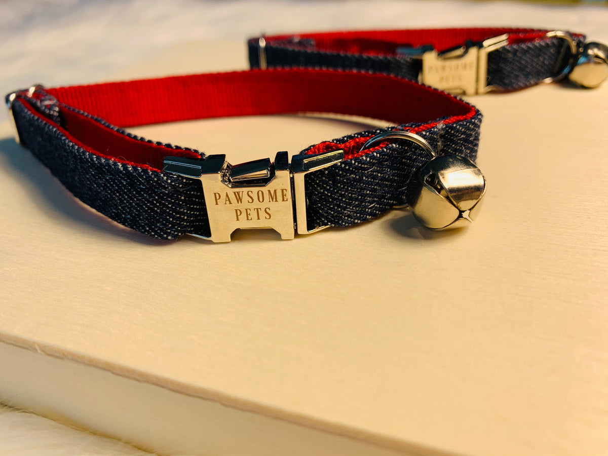 Dark blue jeans collar for pets from Pawsome Pets, featuring a stylish and comfortable design for dogs or cats.
