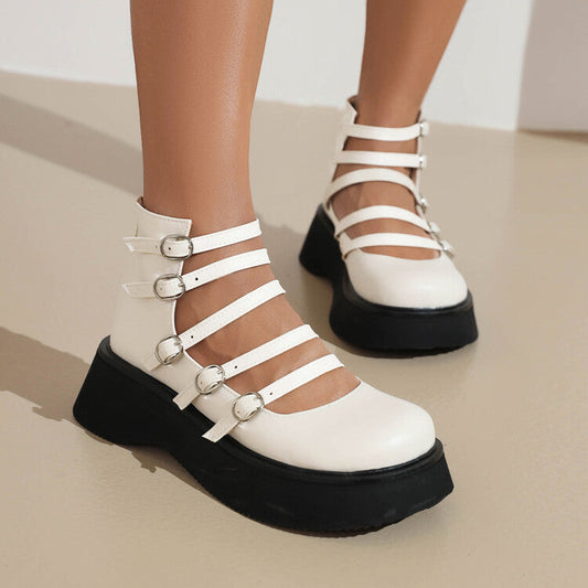 Women's high-top shoes with thick hollowed-out leather belt buckle detail