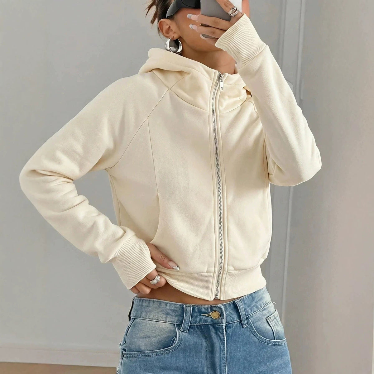 Solid-color cropped hooded sweatshirt for women by My Store