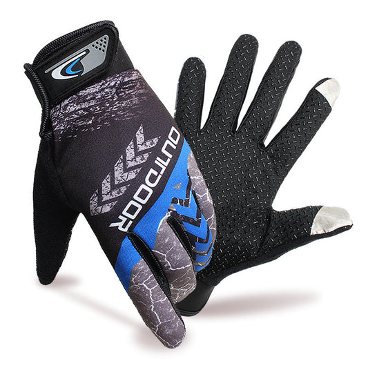 Men's full finger breathable sun protection outdoor riding gloves in black with textured grip and adjustable wrist strap