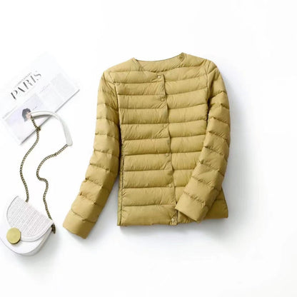 Women's lightweight white duck down jacket by My Store, front view