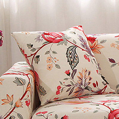 Printed sofa cushion cover in a decorative fabric design, shown on a sofa