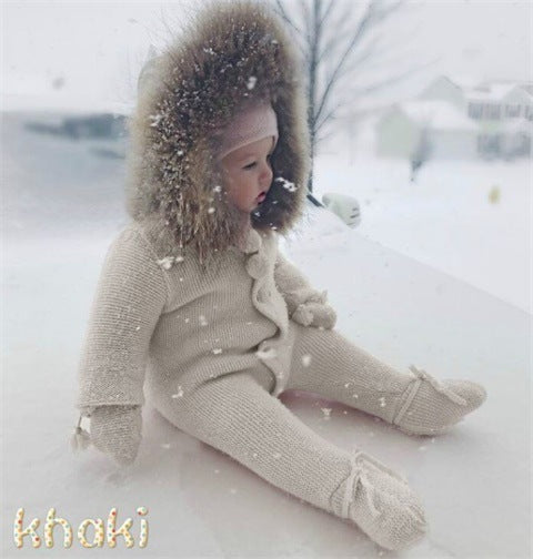 Warm hooded romper in soft fabric with long sleeves and full-body coverage