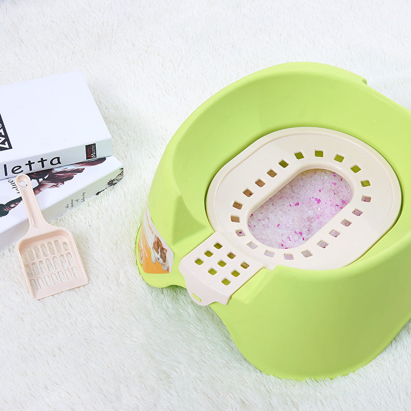Spillproof semi-enclosed oversize cat litter pan for cats, shown in a durable plastic design