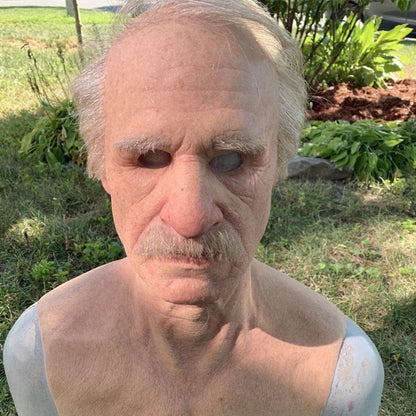 Old man Halloween mask with white hair, white beard, and headgear