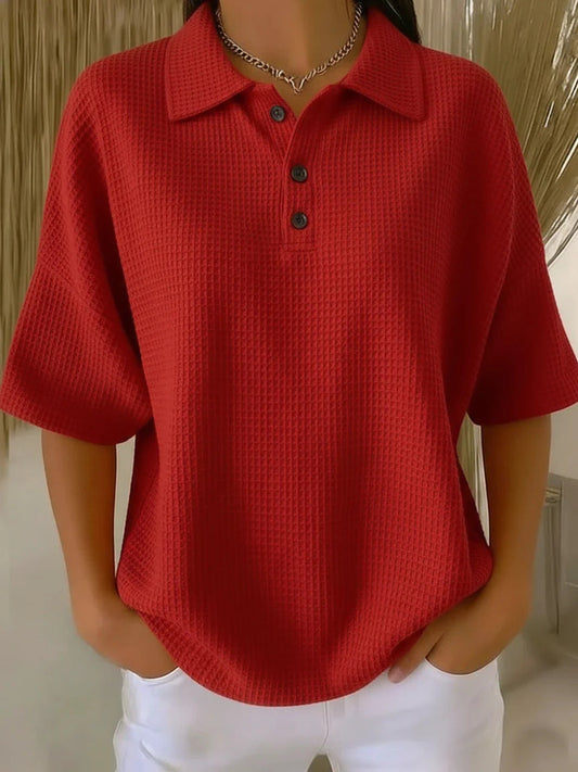 Solid color waffle short-sleeved polo collar button T-shirt with loose pullover fit