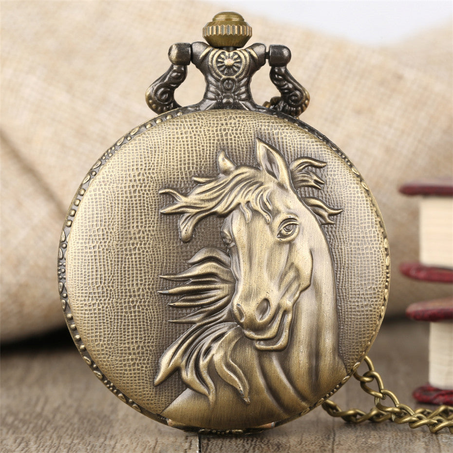 Quartz pocket watch with classic round case and chain, displayed against a plain background