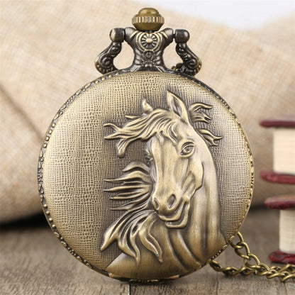 Quartz pocket watch with classic round case and chain, displayed against a plain background