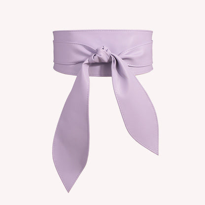 Women's wide waist cover tie belt with elegant bow ribbon, soft super-long design in black
