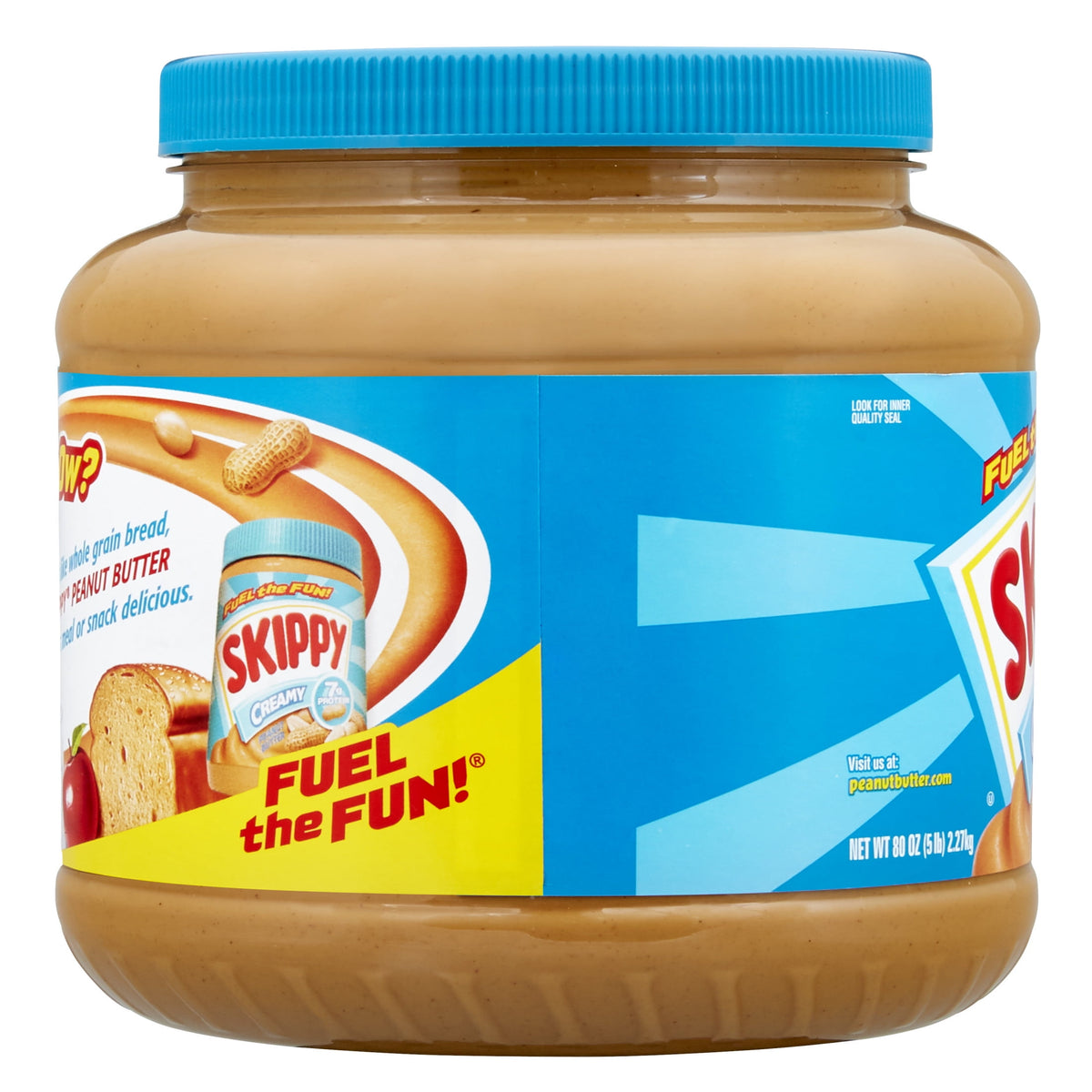 BackupMyFilesNow® SKIPPY creamy peanut butter in an 80 oz plastic jar, showing the smooth texture and label detail.