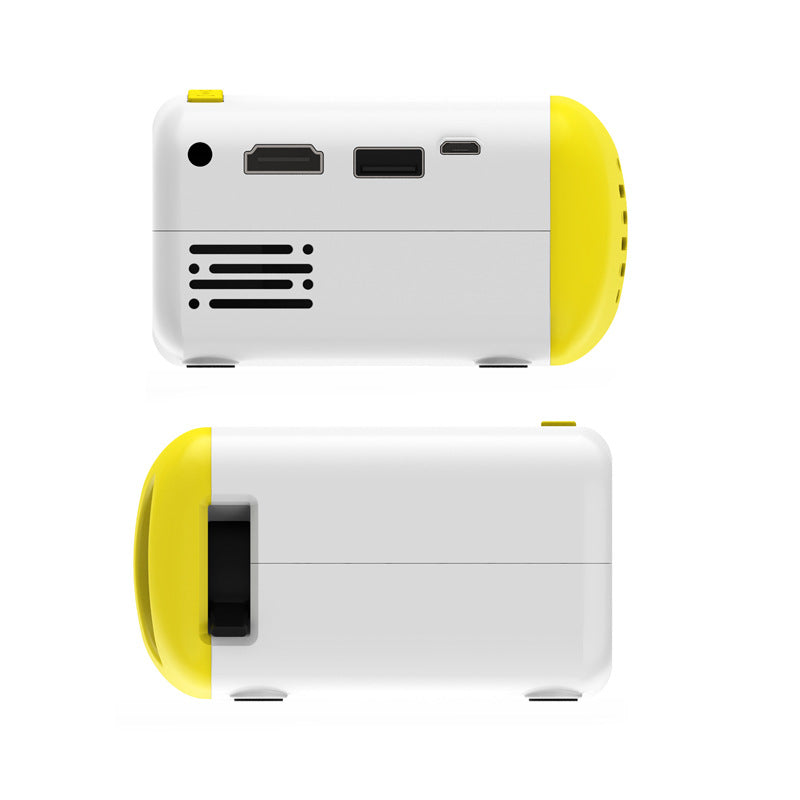 Miniature HD mini projector with compact design and lens visible