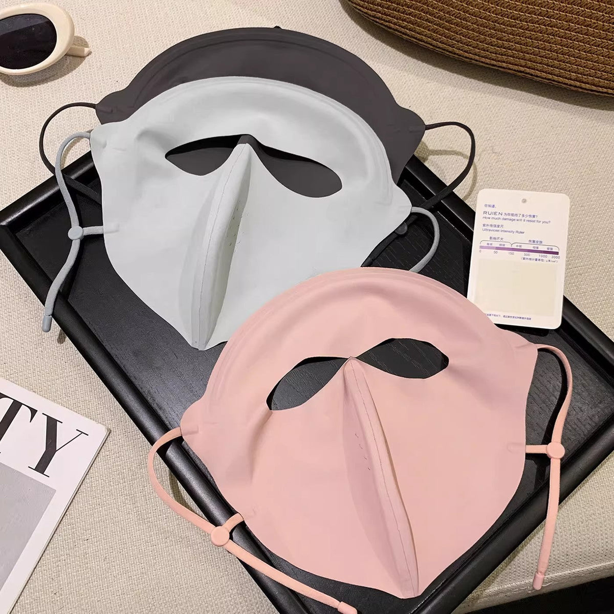 Vinyl full-face sun protection mask for UV protection, shown covering the face and neck