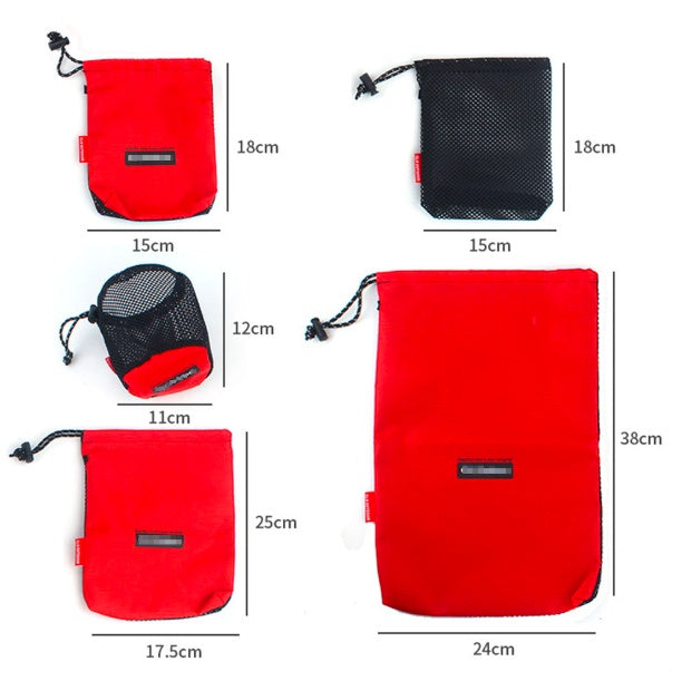 Five-piece Oxford drawstring bags in assorted colors, reusable fabric pouches shown together