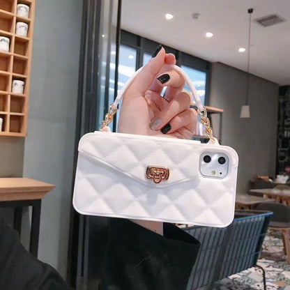 Luxury women's mobile phone case with inclined chain lanyard, featuring an elegant protective design