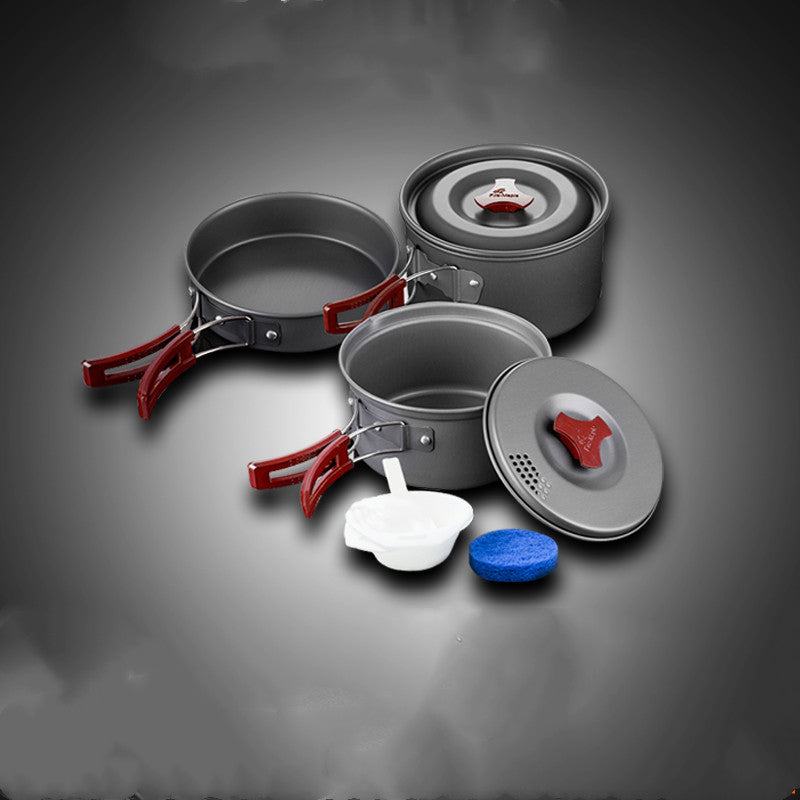 Camping picnic cookware set with compact pots and pans for outdoor cooking