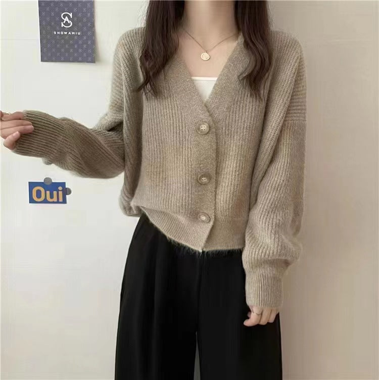 Women's Korean-style V-neck long-sleeved solid-color sweater cardigan coat, autumn and winter fashion top