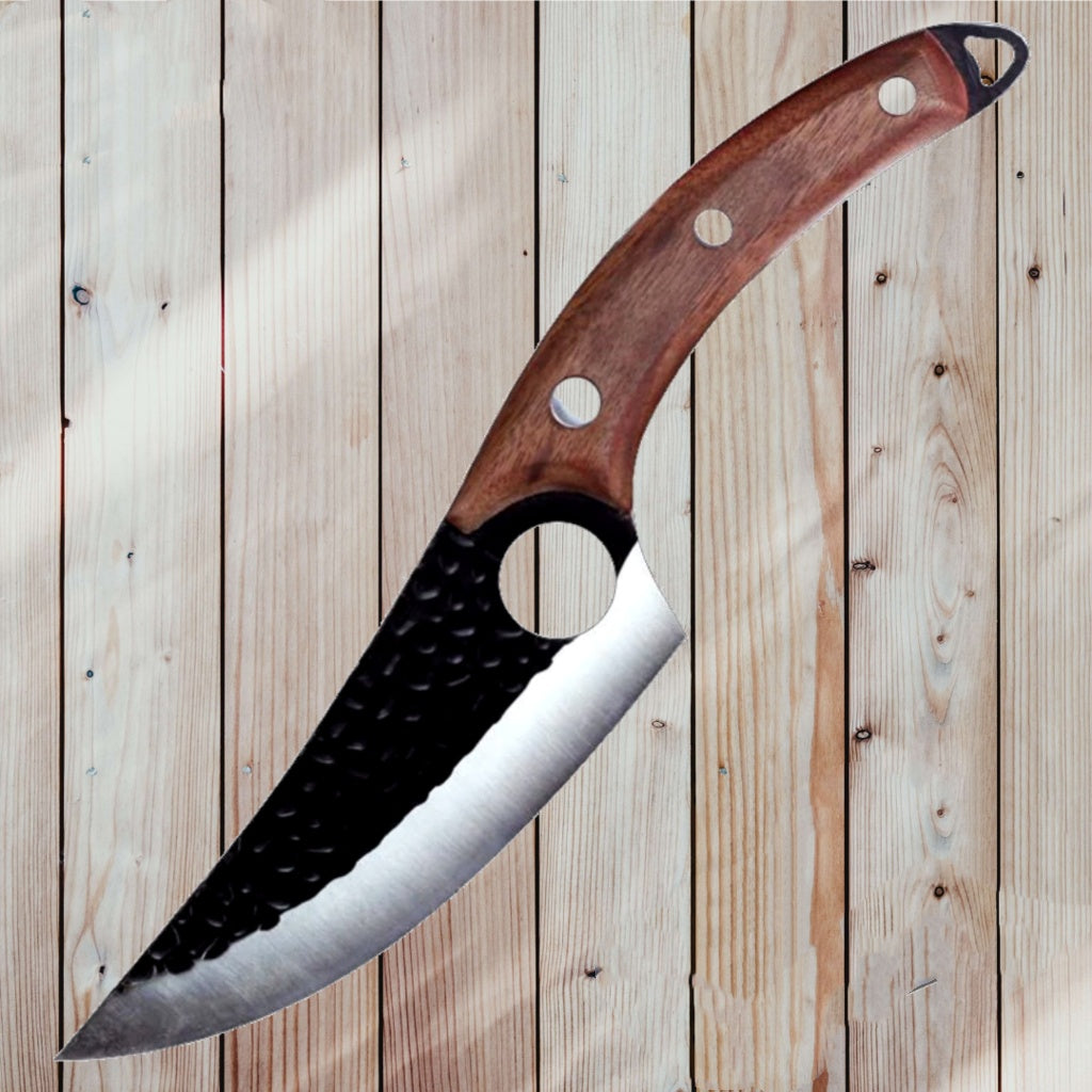 Small scimitar butcher knife for meat cutting, boning, skinning, and pig slaughtering