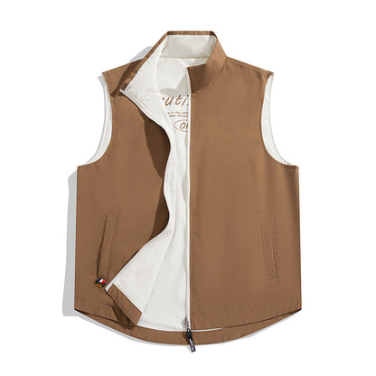 Color-block reversible vest jacket, showing contrasting panels and sleeveless design