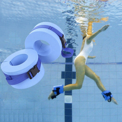 Swimming gaiters float device, blue and black aquatic training aid shown against a plain background