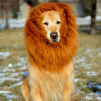 Lion mane wig for large dogs, full tan faux-fur headpiece with ears and face opening