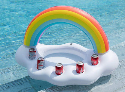 Gay pride rainbow inflatable pool float cooler with vibrant rainbow stripes and built-in drink holder