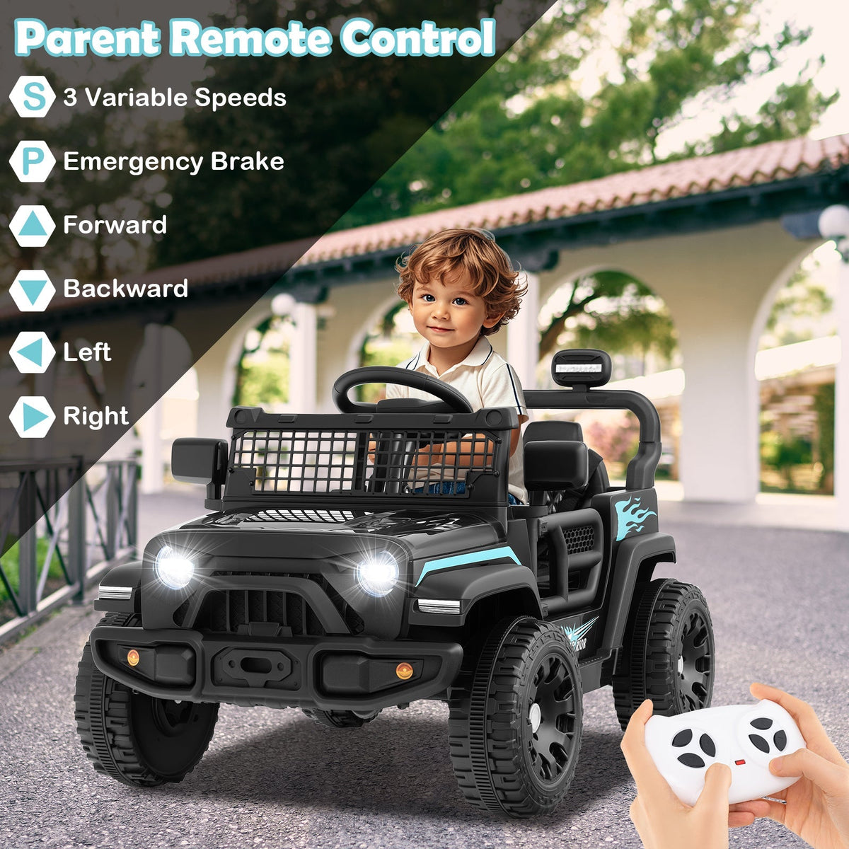 Kids riding a 12V GBruno Store electric ride-on truck car with realistic design and bright colors.