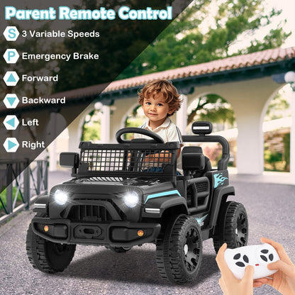 Kids riding a 12V GBruno Store electric ride-on truck car with realistic design and bright colors.