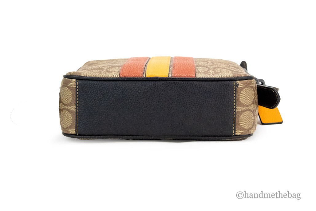 Coach Hudson 21 khaki terracotta signature varsity stripe crossbody bag, showcasing adjustable strap and stylish design.