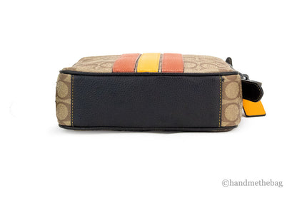 Coach Hudson 21 khaki terracotta signature varsity stripe crossbody bag, showcasing adjustable strap and stylish design.