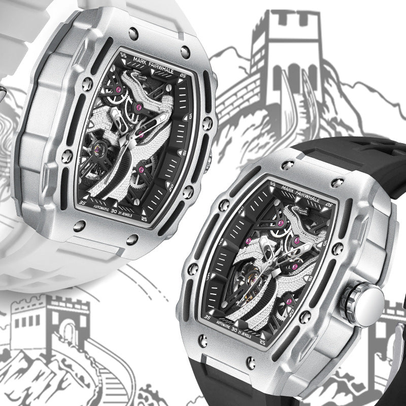 Openwork carved luminous fully automatic mechanical watch with visible skeleton dial and detailed movement
