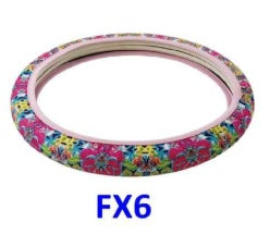 Neoprene girl-themed car steering wheel cover, close-up view