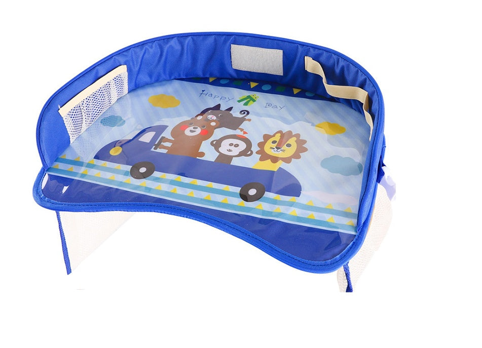 Baby car seat tray table with child-friendly surface and built-in cup holders