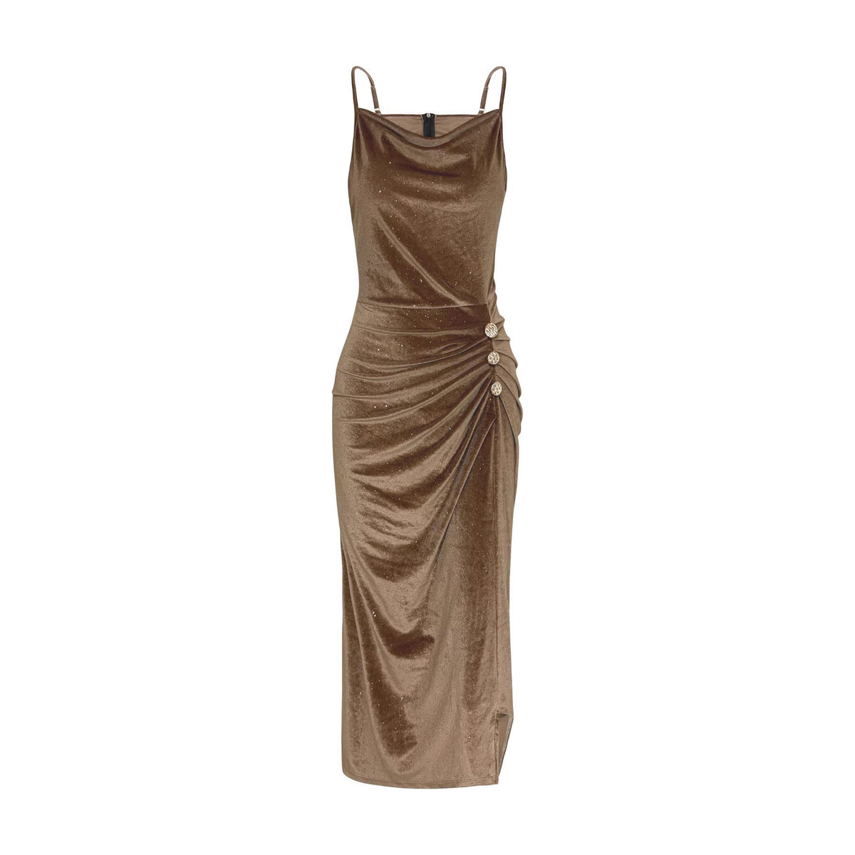 European and American shiny velvet bodycon dress with swing collar, spaghetti straps, waist-cinching fit and side slit