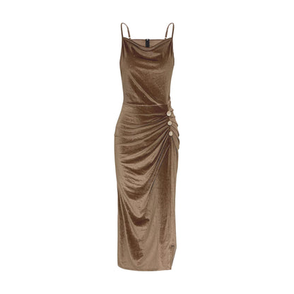 European and American shiny velvet bodycon dress with swing collar, spaghetti straps, waist-cinching fit and side slit