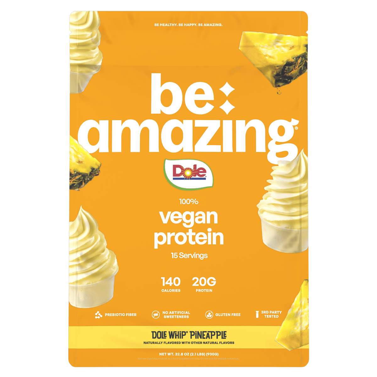 Be Amazing vegan protein powder with pineapple flavor in a resealable pouch, featuring fresh pineapple slices on the packaging.