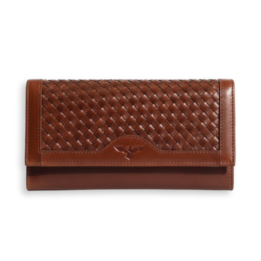 Leather braided wallet in caramel color by IULIUS, featuring a textured, stylish design with multiple card slots.